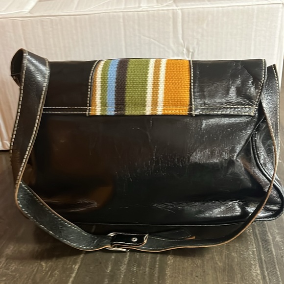 LEATHER FUNKY RETRO CLUTCH DARK BROWN GREEN YELLOW BLUE - Picture 2 of 4